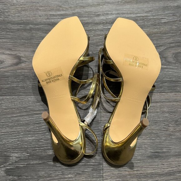 NEW Lulus SZ 9 Gold Sanga Strappy Square Toe Stiletto High Heels Tie Up Metallic - Picture 9 of 11